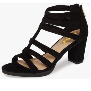 FSJ Black Chunky High Heel Sandals Open Toe T-Strap Cutout Back Zipper Prom Shoe